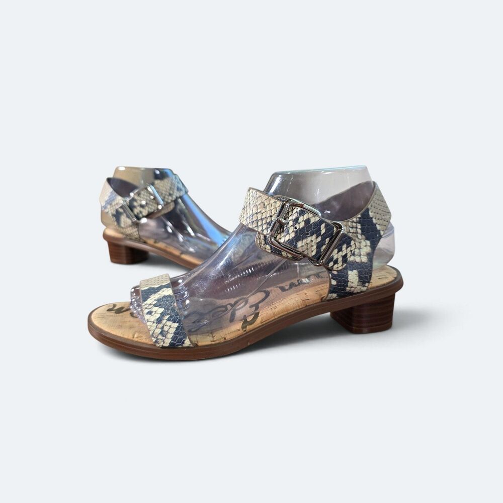 Sam Edelman Teena Putty Snake Print Low Block Heel Ankle Strap Sandals 8